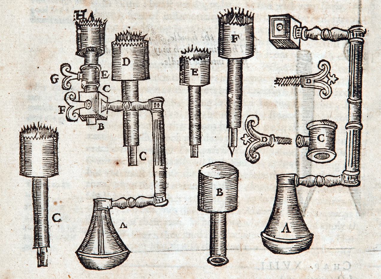 Trephine drills illustrated in Ambrose Parey, The workes of that famous chirurgion Ambrose Parey. Published London, 1634.