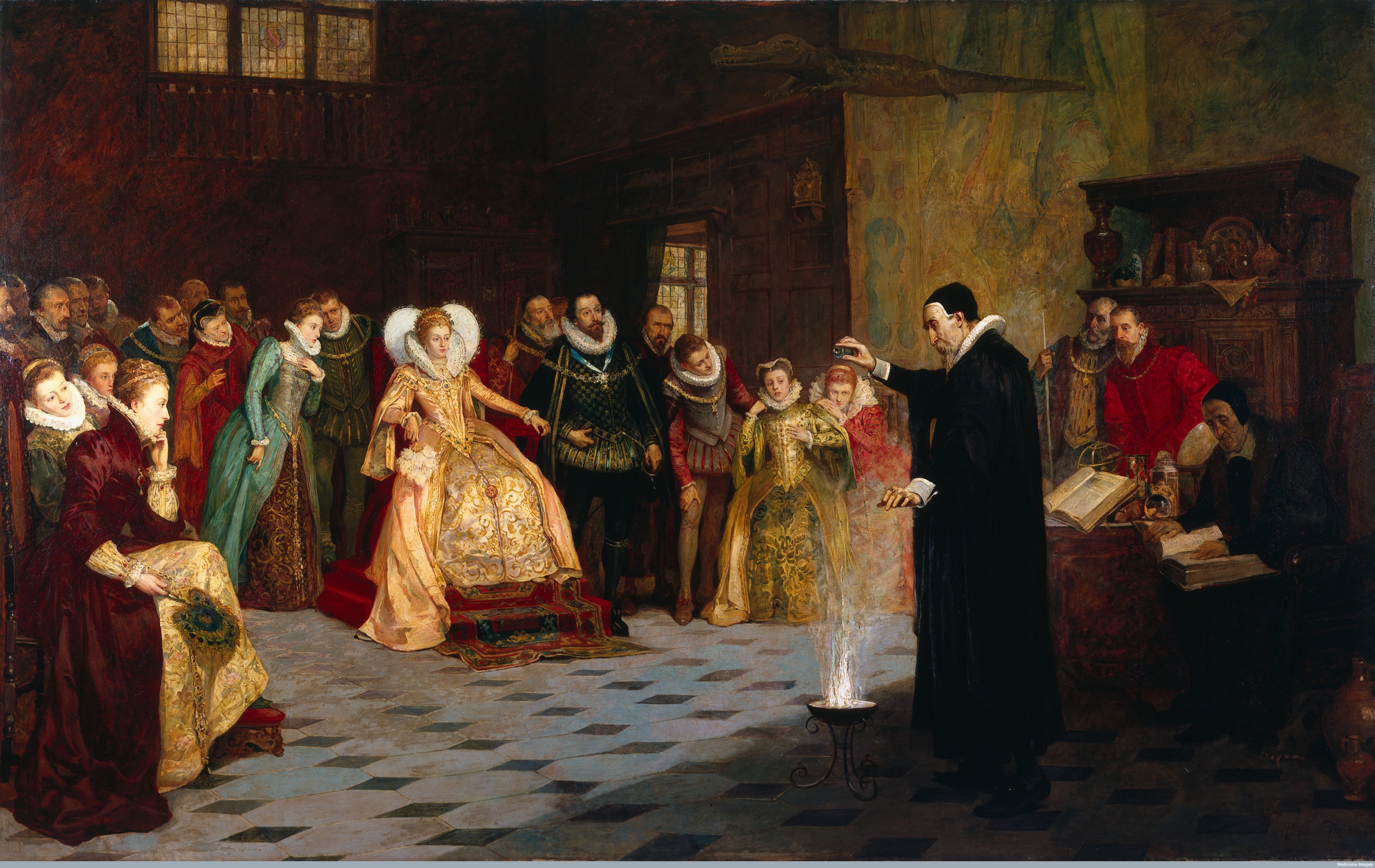 John Dee performing an experiment before Queen Elizabeth I. Oil painting by Henry Gillard Glindoni, late 19th century. Wellcome Library, London