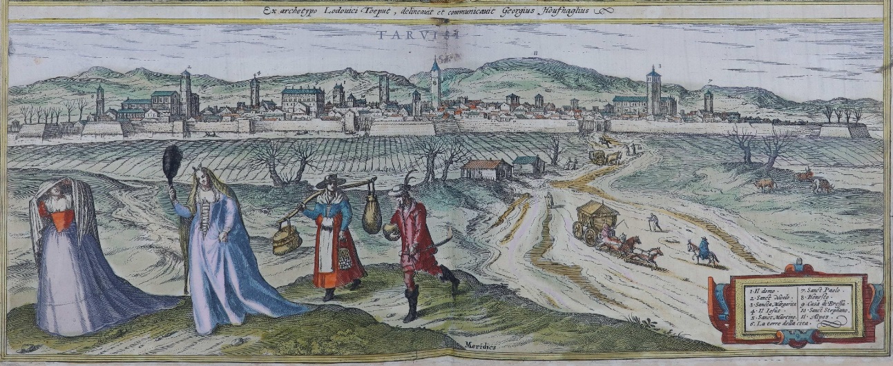 A panorama of a town, with people standing in the foregound.