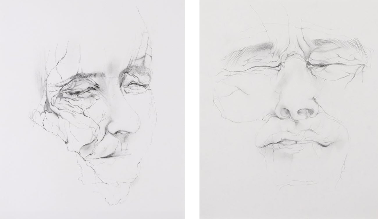 Two partial pencil drawings of human heads. The faces are towards us. Each is lined and wrinkled, with the eyes closed. The mouths are pursed, giving an appearance of pain.