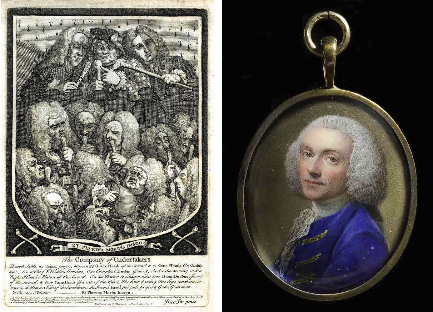 Print of satirical image of physicians of 1800s in an imaginary shield & portrait of William Hunter