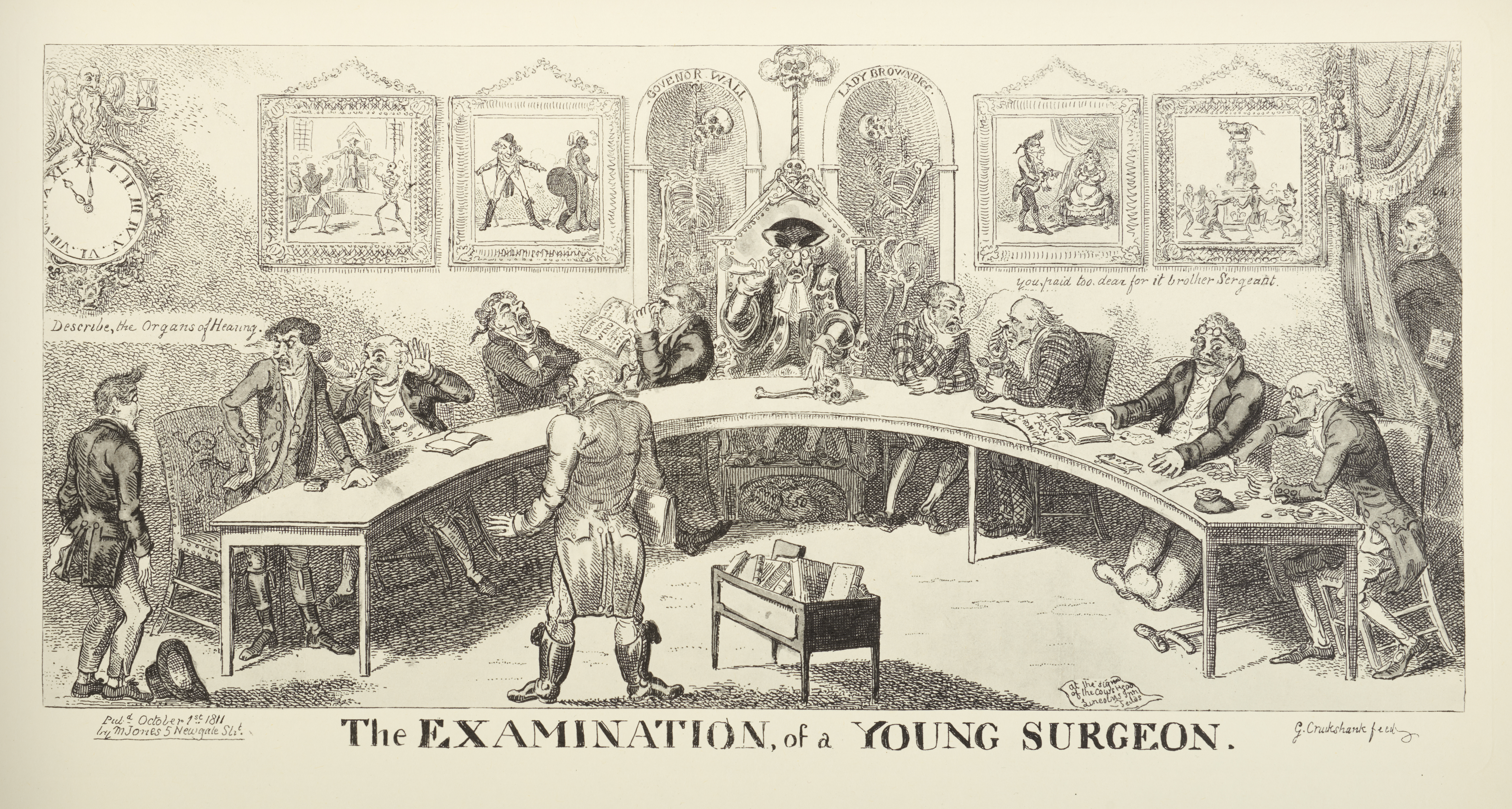 A young surgeon is interviewed by a panel sat around a curved table.