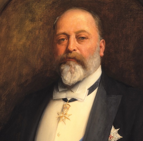 Portrait of Edward VII wearing a dinner jacket, blue sash.