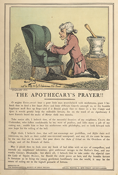 A man in a frock coat and wig prays on his knees with a pestle and mortar in the background.