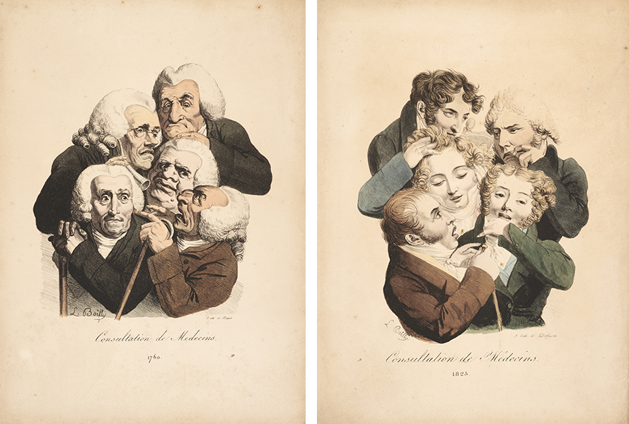 Two prints of groups of French doctors, left 1760, right 1823