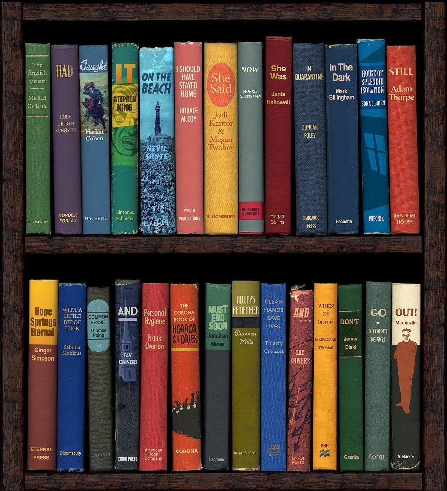 Coloured art print of books in a digital book shelf.