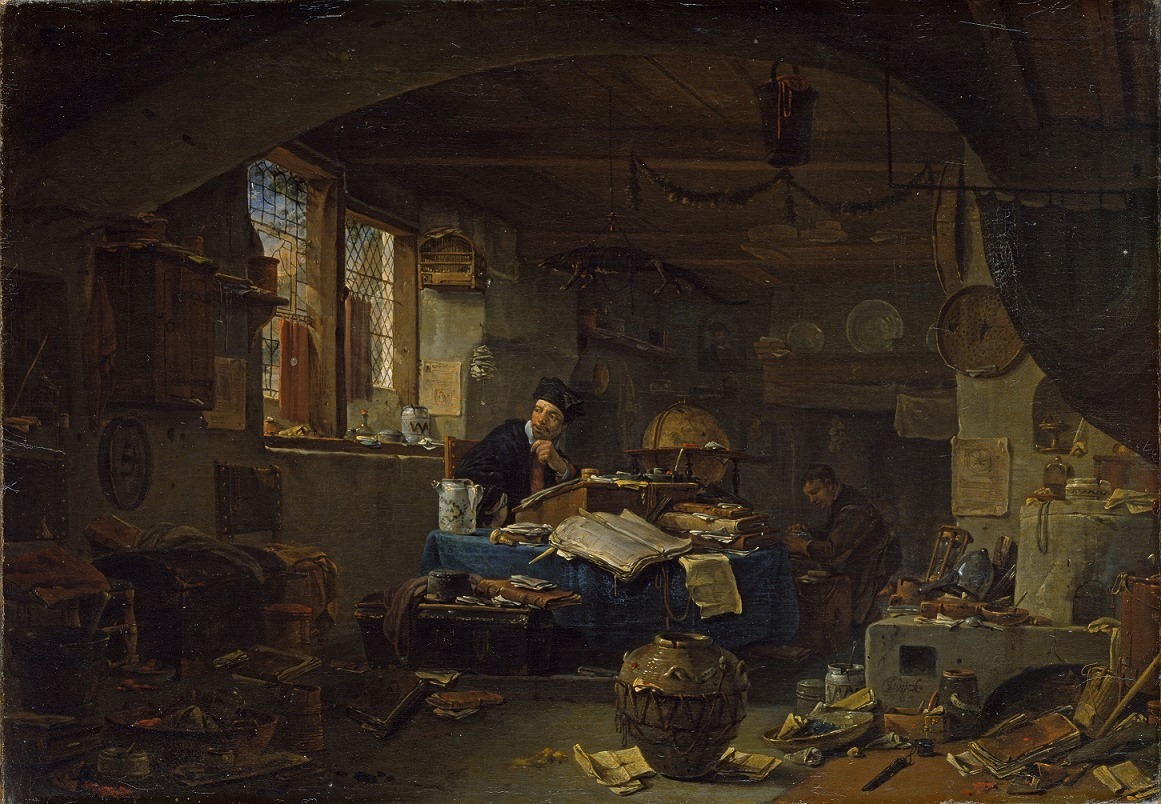 Alchemist in his laboratory by Thomas Wijck c1650, Staatliches Museum, Schwerin, Germany