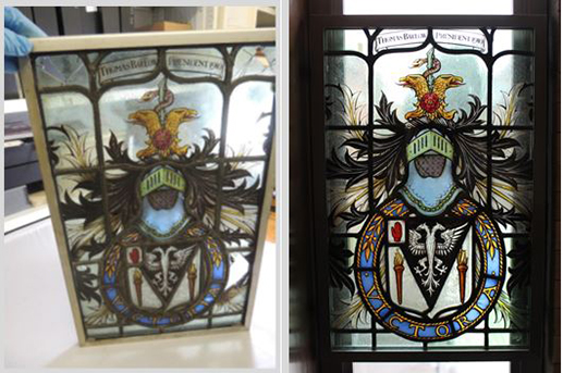 Photographs of a stained glass panel with cracks and other damage, and then installed with a protective cover after repair work.