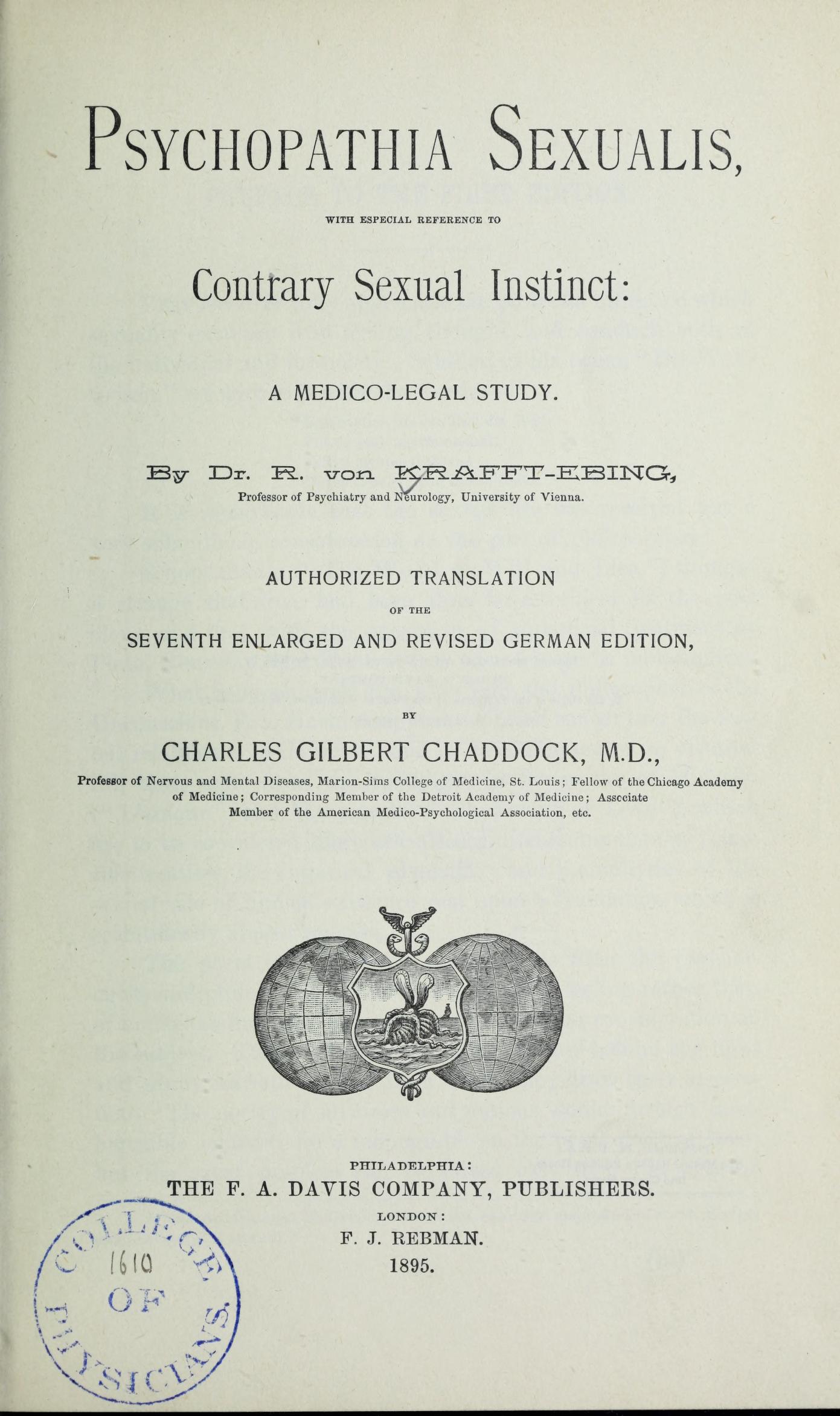 Title page of Psychopathia sexualis with especial reference to contrary sexual instinct: a medico-legal study.
