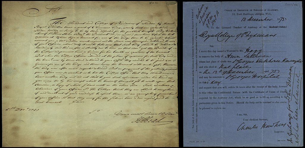 Left, handwritten letter about dispute over supplies of bodies of executed criminals. Right, a warrant for the removal of the body of Ann Sullivan to St George's Hospital.