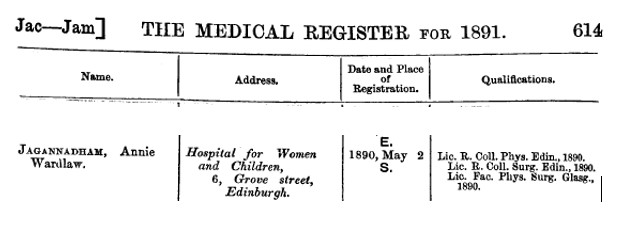 Medical register from 1890 showing Dr Annie Jagannadham's entry.