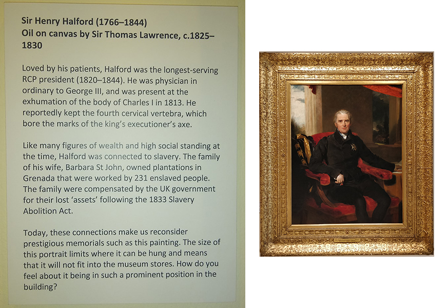 Exhibition text and framed portrait of 19th century man Henry Halford.