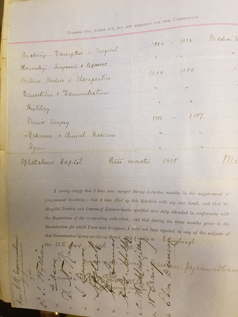 Triple Qualification schedule, 1890, signed by Dr Jagannadham