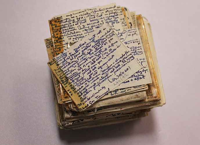 Collection of miniature notes with blue writing. 