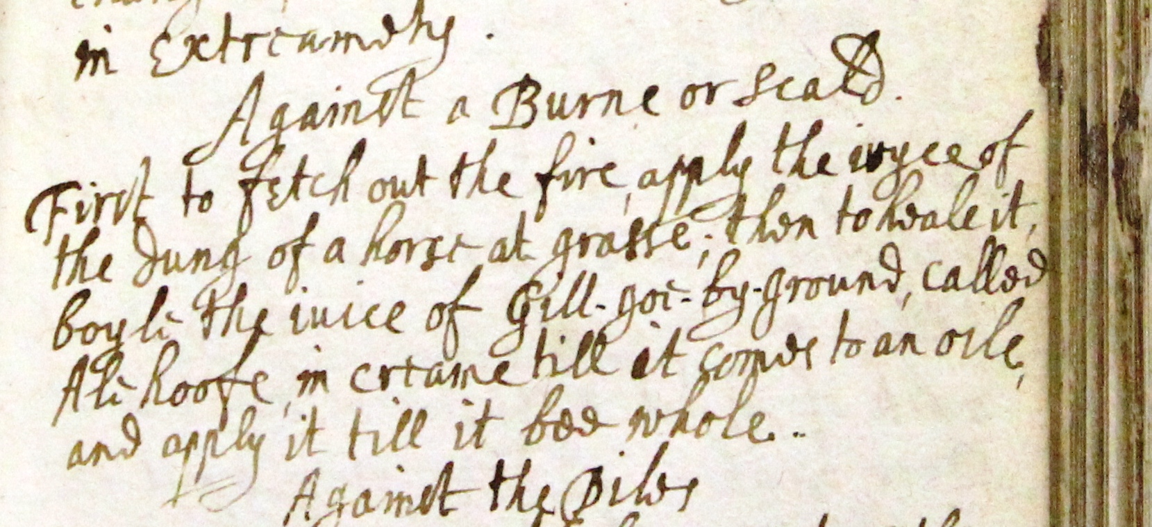 Against a burne or scald’. Receipt book. Author unknown, 1644–1691