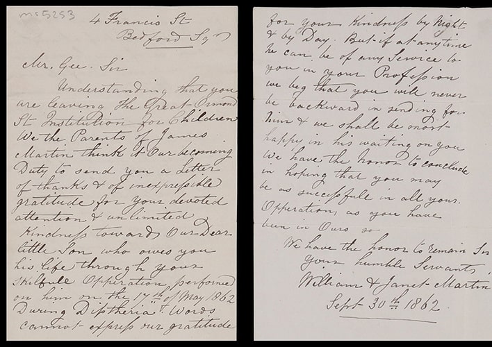 Handwritten two page letter from the parents of James Martin to Samuel Gee, thanking him for saving their son’s life.