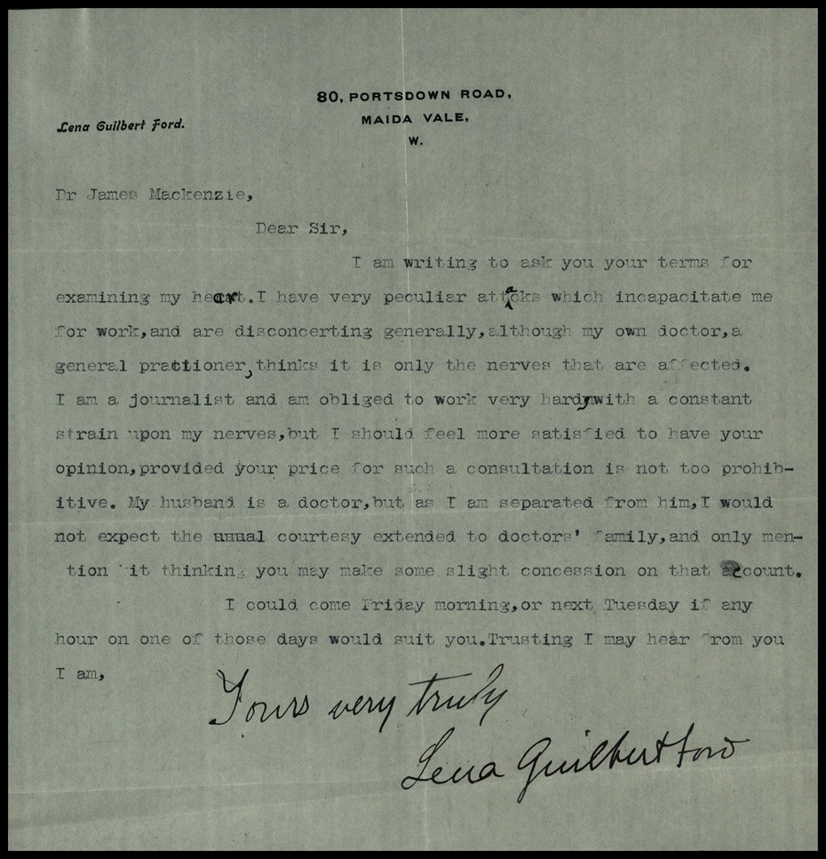 Lena Guilbert Ford’s letter to Dr Mackenzie requesting a consultation