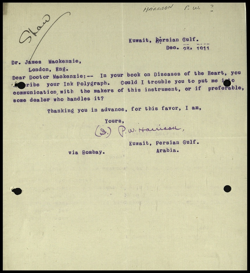 Letter written from P.W. Harrison to Mackenzie.