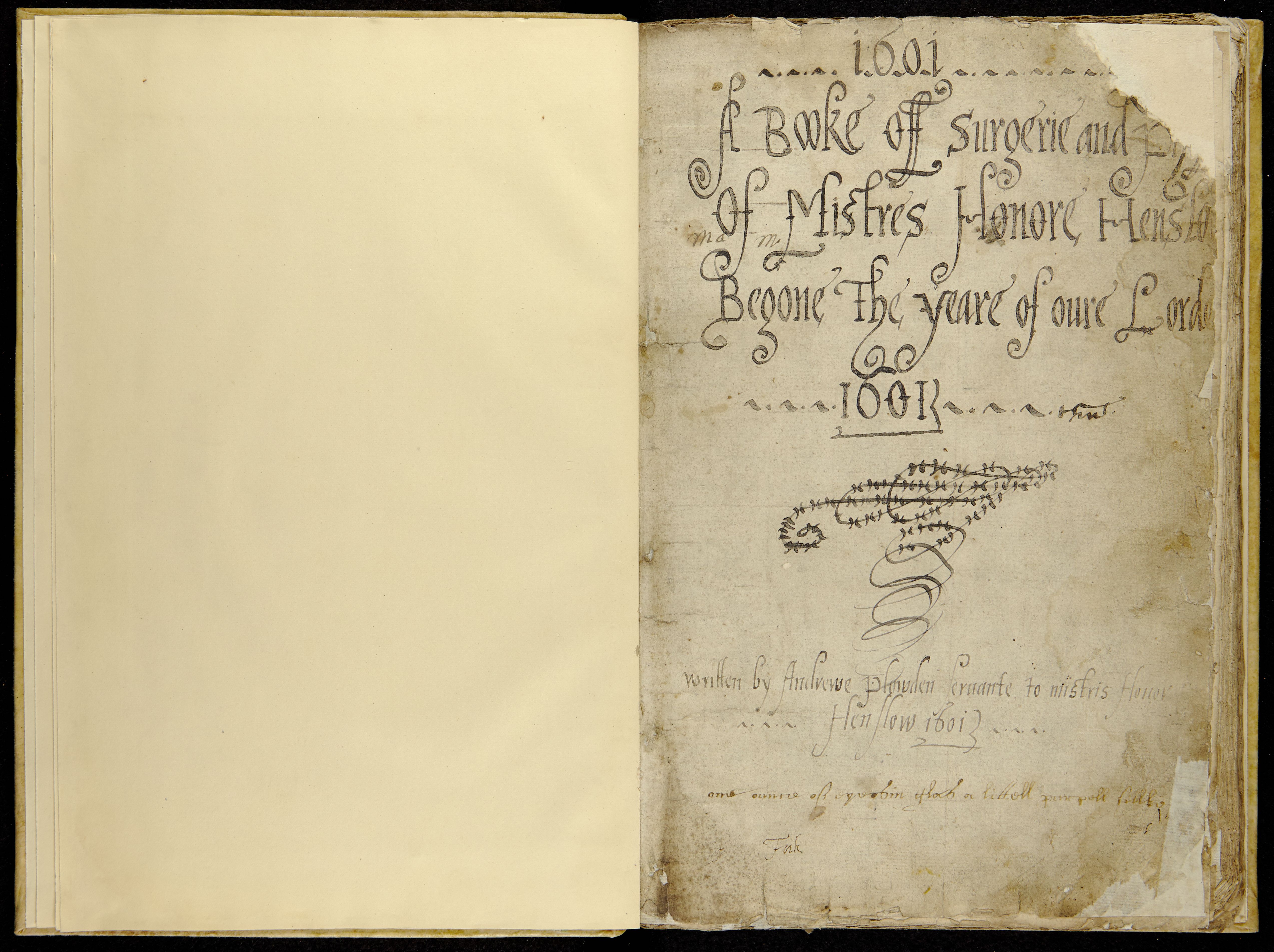 Title page of Honore Henslow’s book of medical and surgical recipes, 1601. MS688.