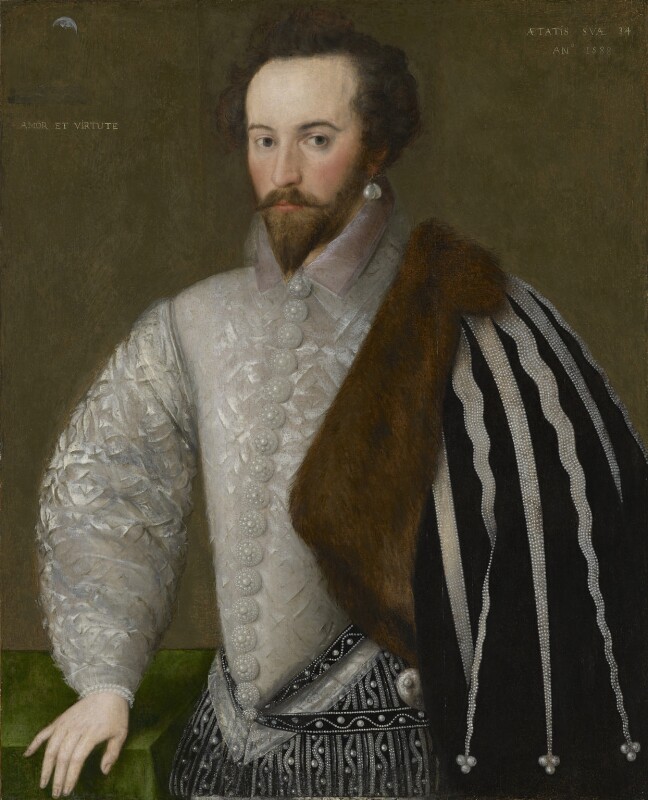Portrait of Sir Walter Raleigh wearing a doublet jacket and a pearl earring.