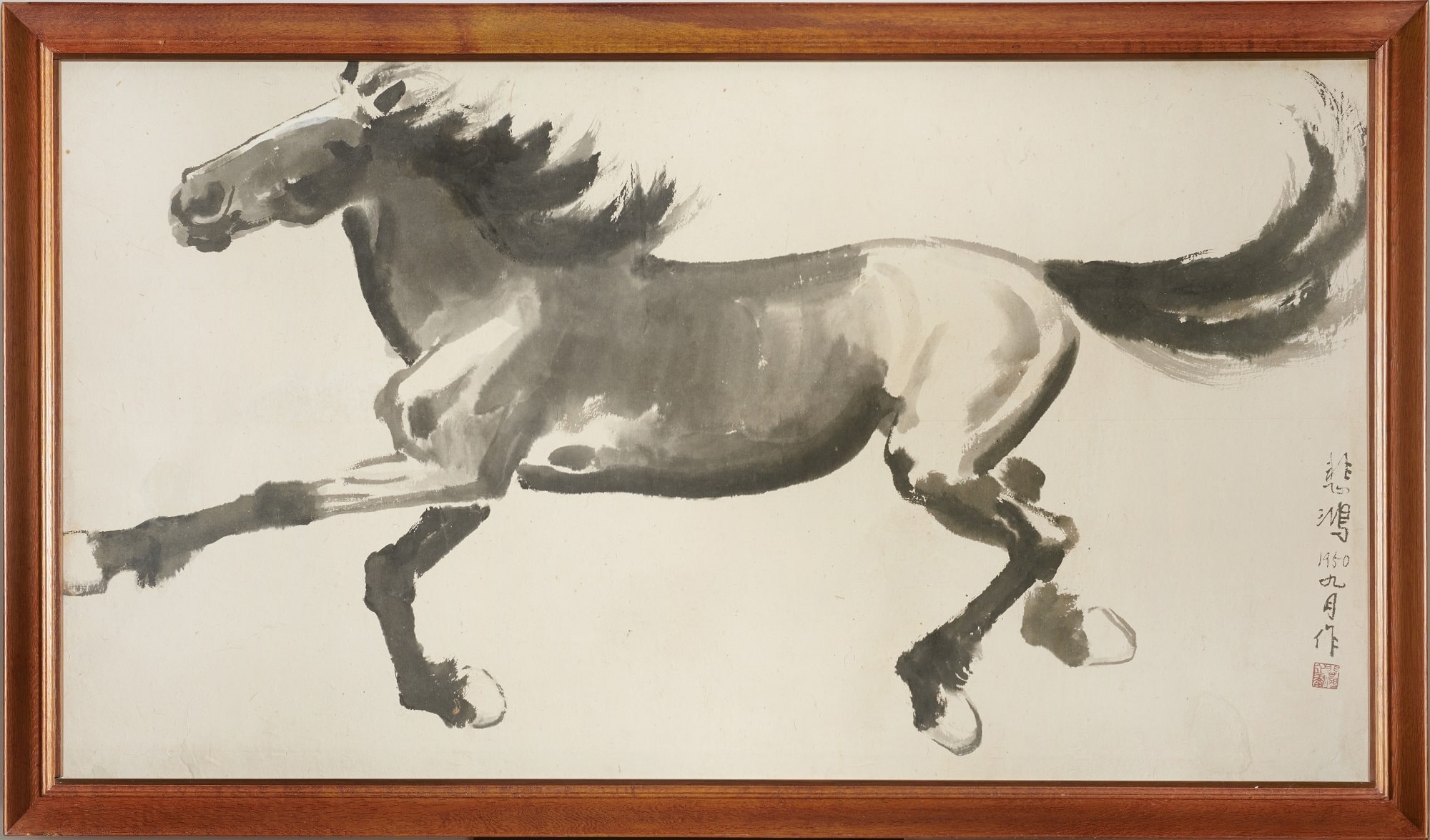 An ink painting of a horse galloping