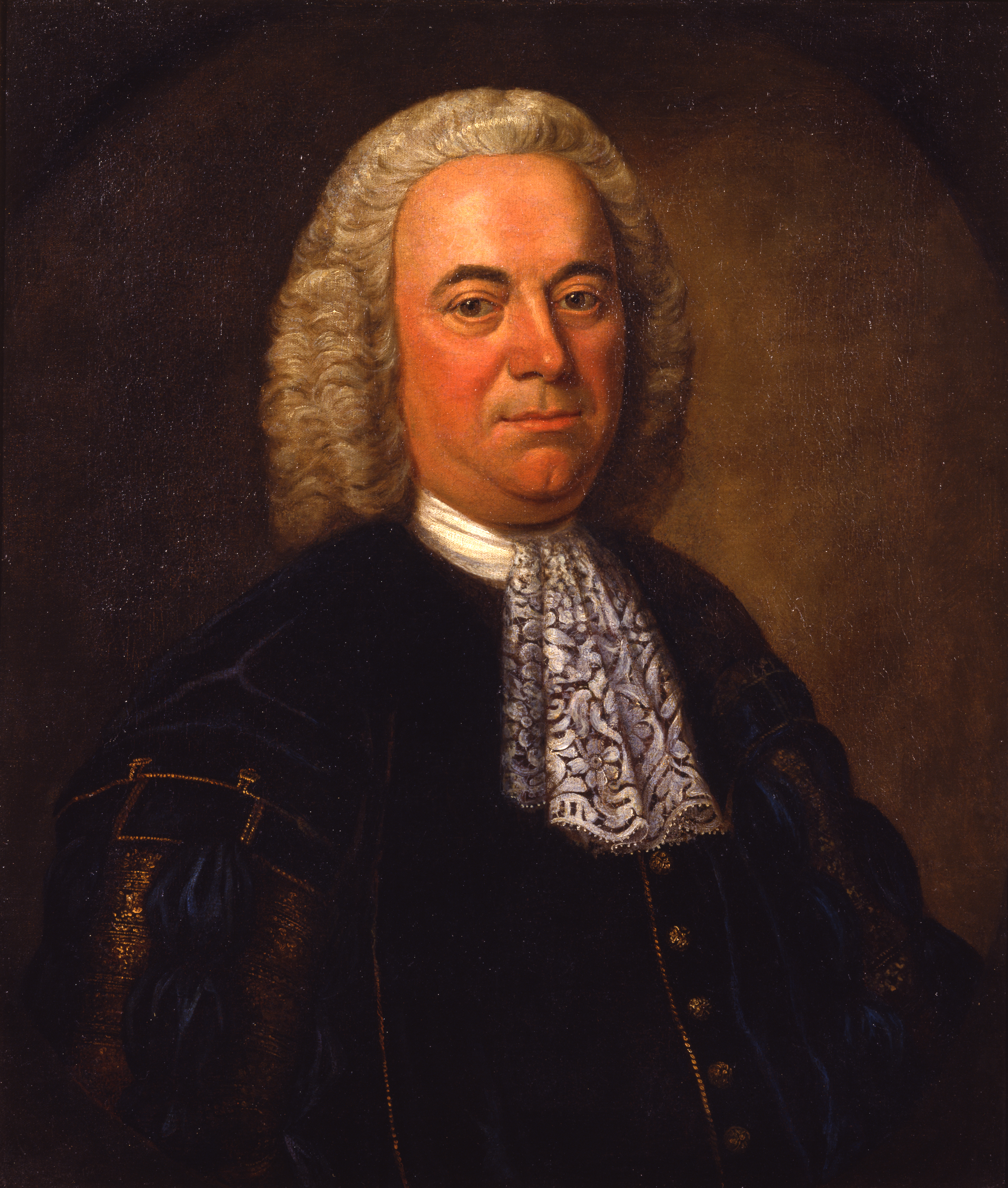 Oil painting of Richard Morton, wearing a wig and cravat, head and shoulders visible.