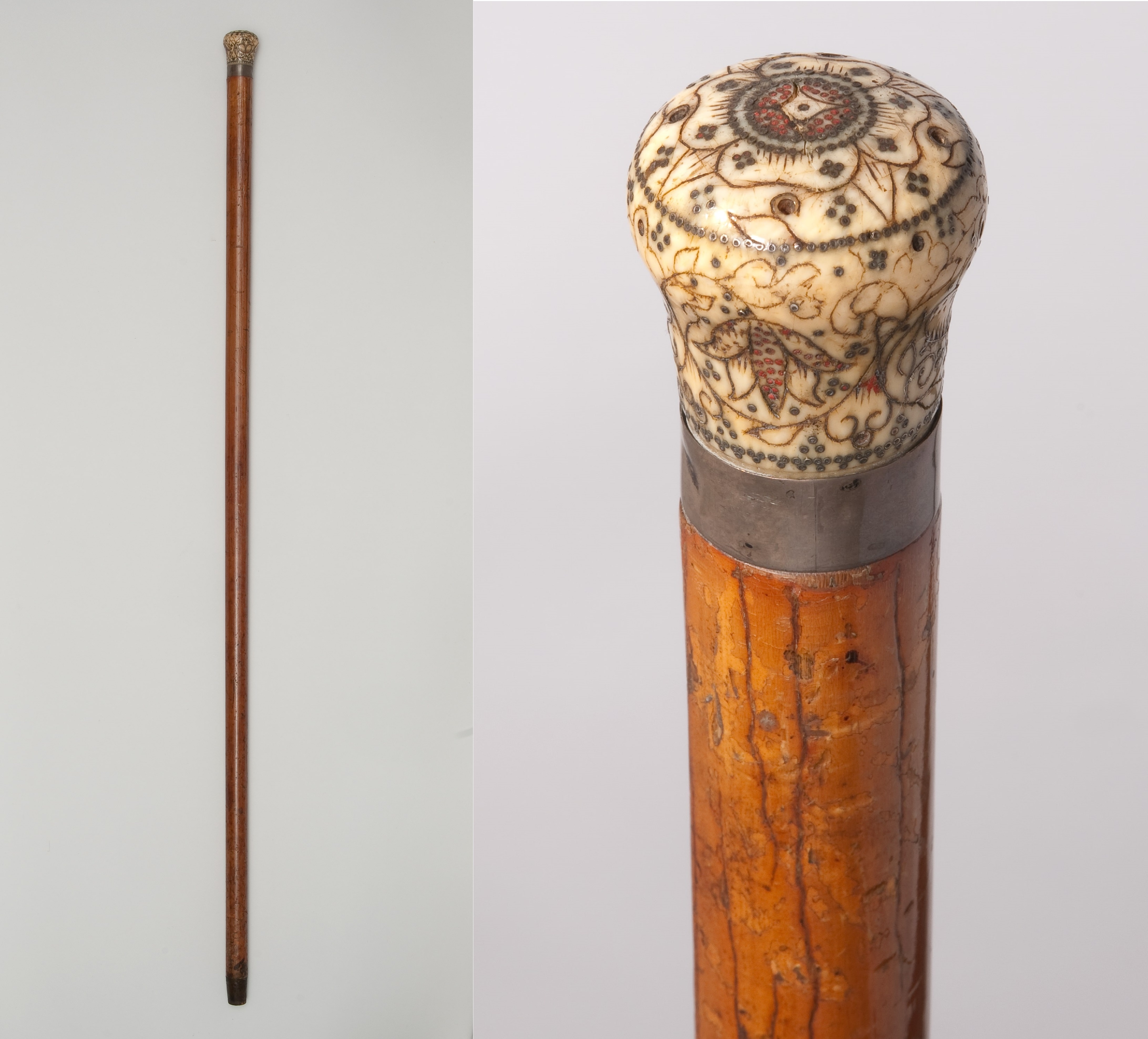 Two images of a walking one, left showing the full length of the cane, right showing detail of the ivory top, which has floral engravings in