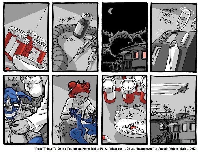 Eight panels from a comic strip, showing details of medical treatment and the outside of a house at night time.
