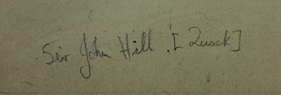 Handwritten note reading 'Sir John Hill [quack]'.