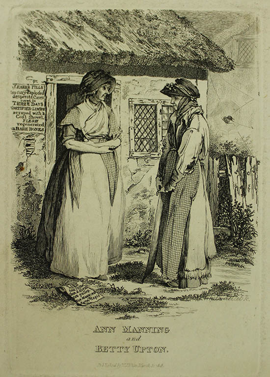 Engraved illustration of two women standing outside a cottage.
