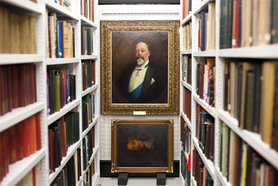 Photograph of book and painting storage area.