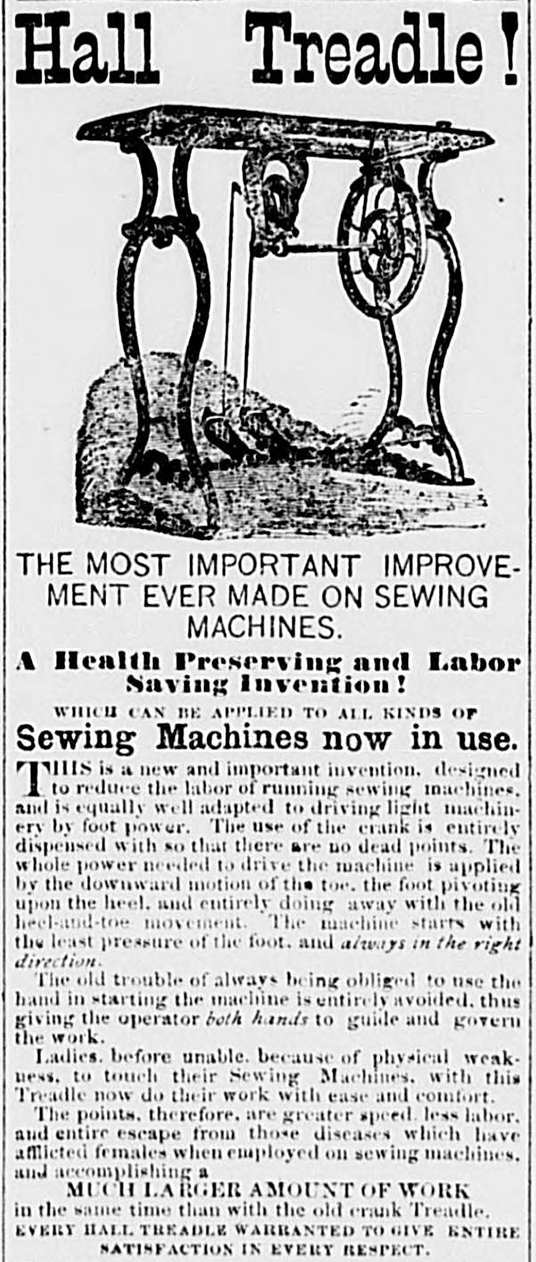 Printed advertisement of a hall treadle sewing machine.