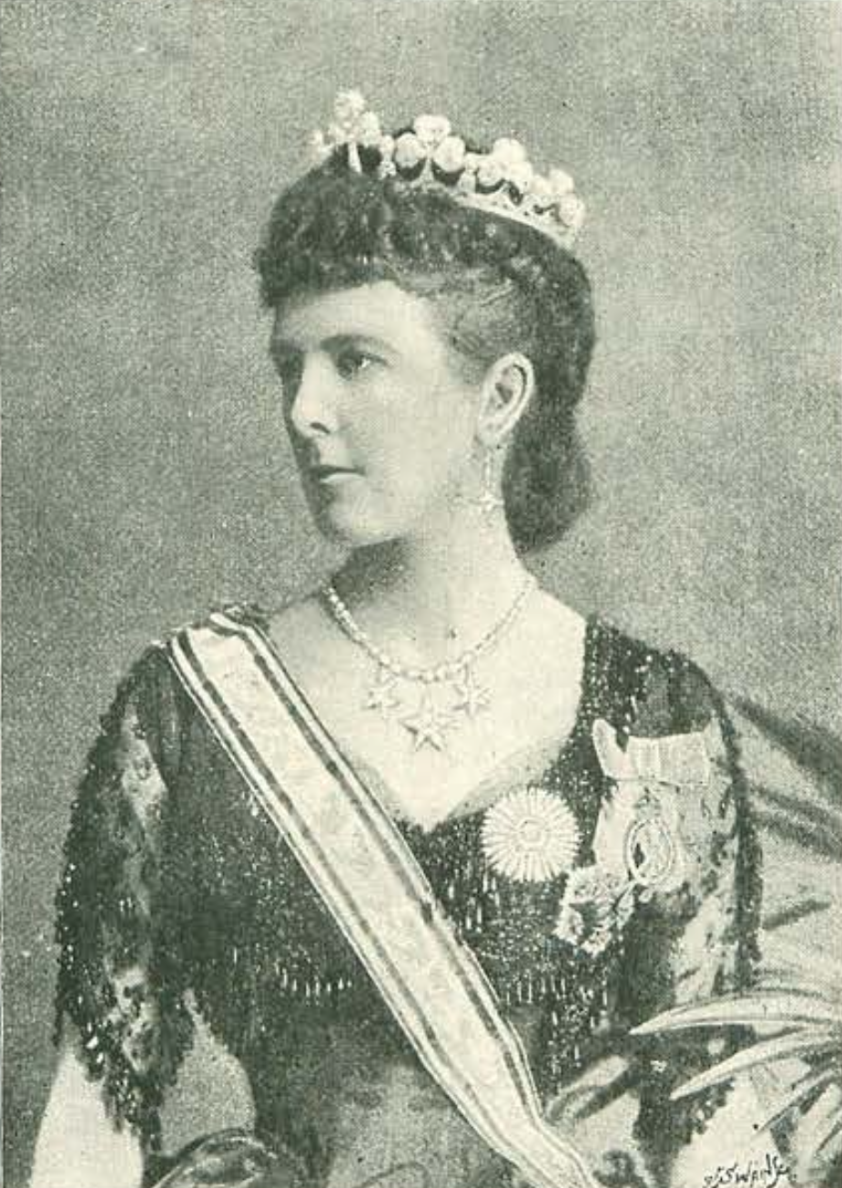 Portrait of a white woman seated and facing left. She is wearing a jewelled headdress and ornate clothing with medals and jewels.