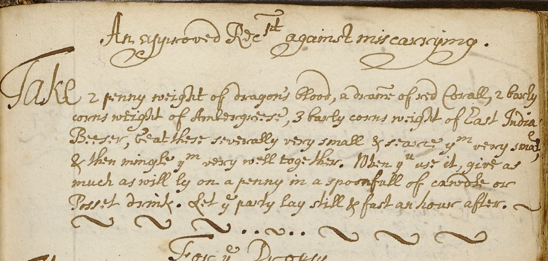 Handwritten text describing a treatment against miscarriage involving 'dragons' blood'