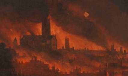 Detail of St Paul’s Cathedral from The Great Fire of London, oil on canvas by unknown artist, 1666-1700, by kind permission of The Society of Antiquaries of London