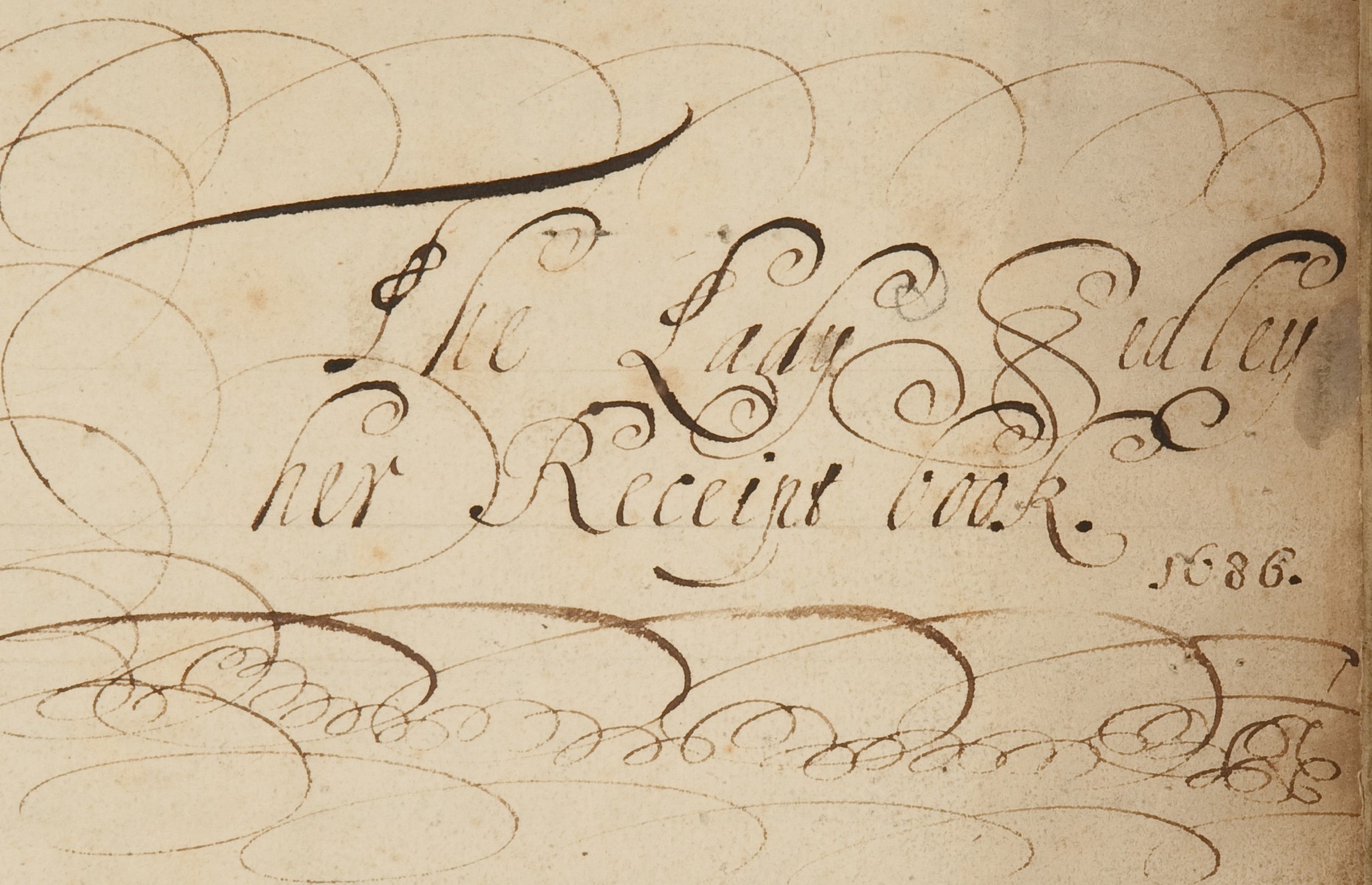 Handwritten inscription in frontispiece of Lady Sedley's recipe book.