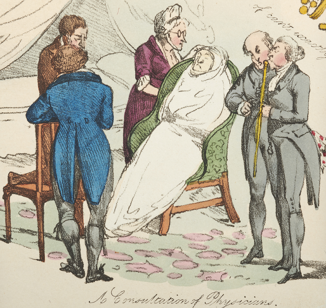 3 physicians huddle in a consultation as death lurks and a patient is gravely ill in bed behind them.