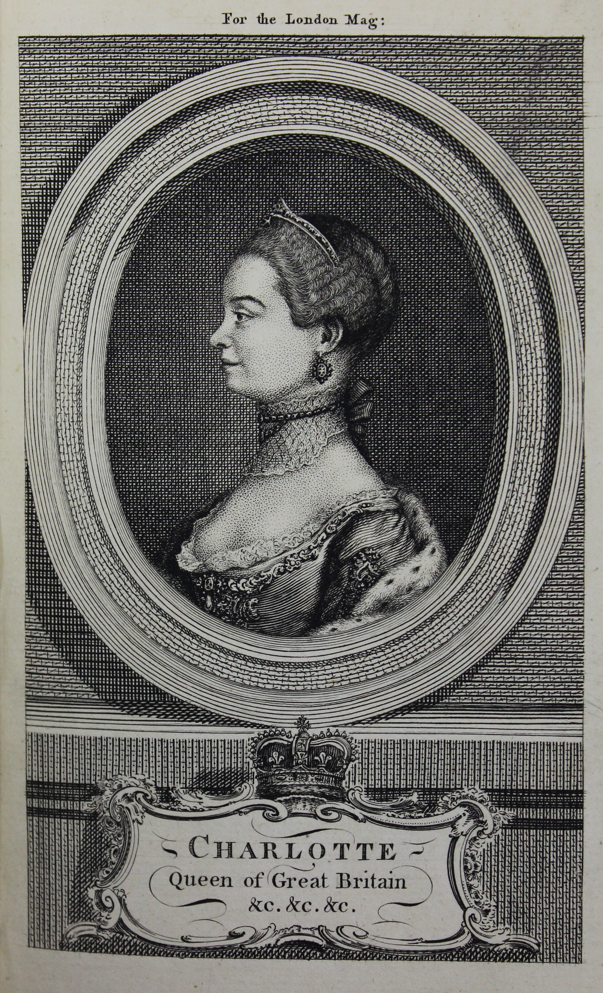 Engraving of a Queen facing left. 
