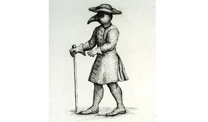 Print of Physician wearing mask at the time of the Plague, 18th century
