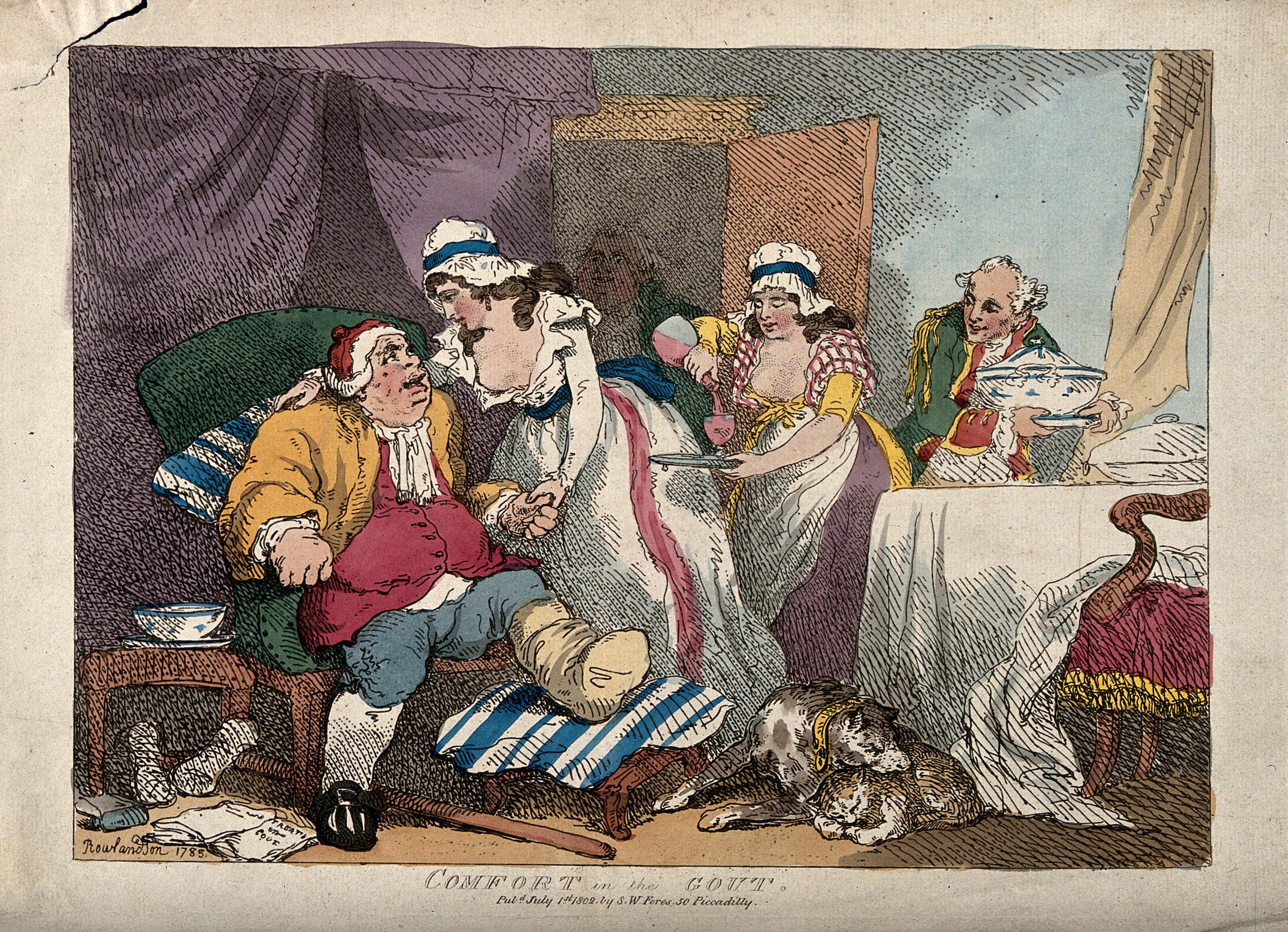  gouty man seeking comfort in licentious surroundings. Coloured etching by T. Rowlandson, 1785. Wellcome Collection