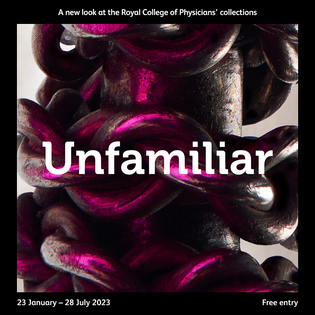 Exhibition graphic for Unfamiliar showing artwork by Theo Deproost showing a chain wound round a metal shaft.