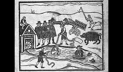 Woodcut illustration of a woman being dunked in a river 