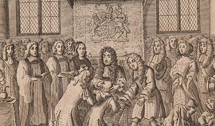 Engraved illustration of a royal ceremony. Patients kneel before the king, who is sitting in a throne. A crowd of people watch.