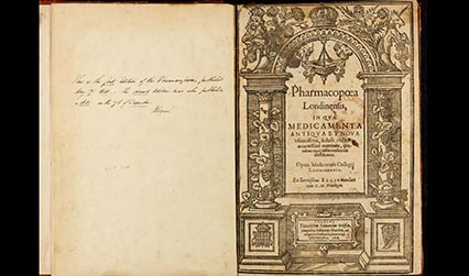 Photograph of the woodcut title page of the Pharmacopoeia Londinensis