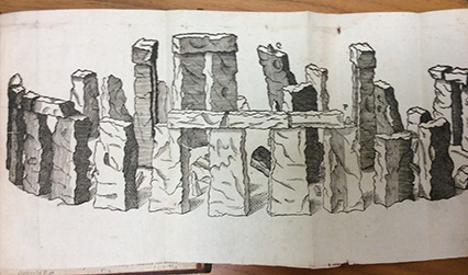Black and white woodcut illustration of the circle of stones at Stonehenge