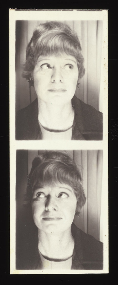 Two black and white photo-booth photos of a white woman looking away from the camera.
