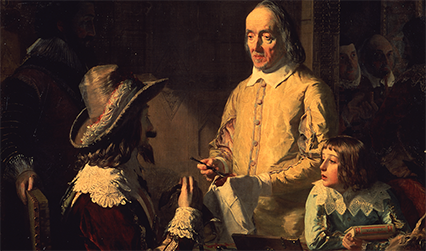 Oil painting showing a man in a yellow jacket holding an animal heart, showing it to a seated man wearing a hat