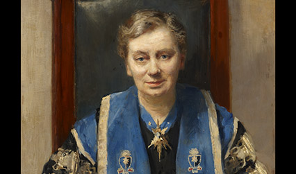 Oil painting of a white woman in a blue ceremonial robe
