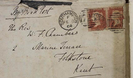 A handwritten address with two stamps. It reads: 'By book post. The Rev. W.F. Chambers, 2 marine Terrace, Folkstone, Kent.'