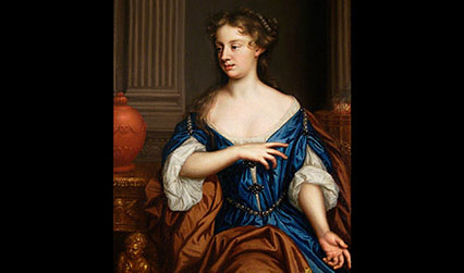 Oil painting of a woman with brown hair in a long blue 17th century dress